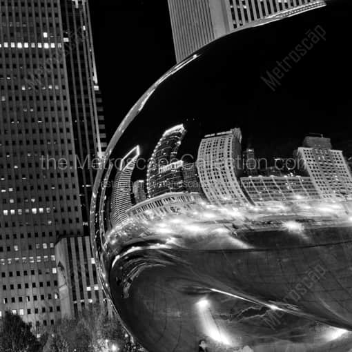 Chicago Framed Photos of The Chicago Skyline Reflects in the Cloud Gate Sculpture in Millennium Park The Chicago Skyline Reflects in the Cloud Gate Sculpture in Millennium Park -- Chicago Black and White Framed Photos