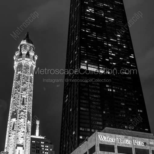 Chicago Framed Photos of The Old Chicago Water Tower is Dwarfed by the Hancock Tower The Old Chicago Water Tower is Dwarfed by the Hancock Tower -- Chicago Black and White Framed Photos