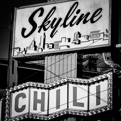 Matte Black WOOD Framed Black and White Cincinnati Photograph: The Clifton Skyline Chili Sign in a Square Matte Black Wood Frame