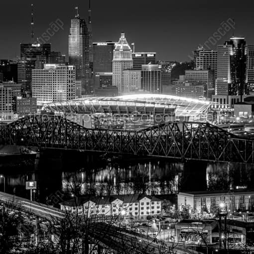 Matte Black WOOD Framed Black and White Cincinnati Photograph: Paul Brown Stadium and Cincinnati Skyline in a Square Matte Black Wood Frame