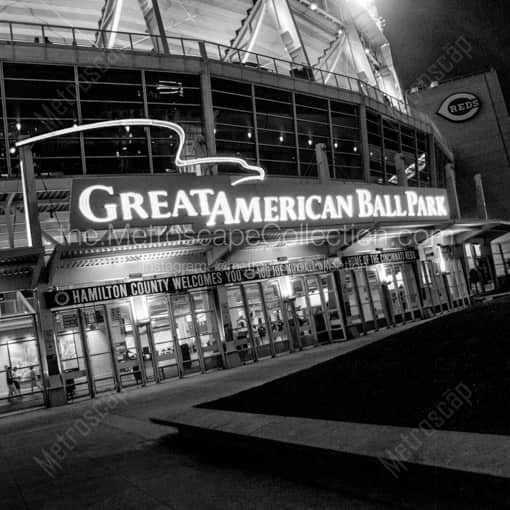 Matte Black WOOD Framed Black and White Cincinnati Photograph: Great American Ball Park Main Entrance in a Square Matte Black Wood Frame