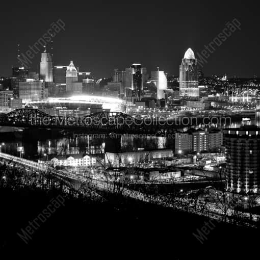 Matte Black WOOD Framed Black and White Cincinnati Photograph: The New Cincinnati Skyline from Devou Park in a Square Matte Black Wood Frame