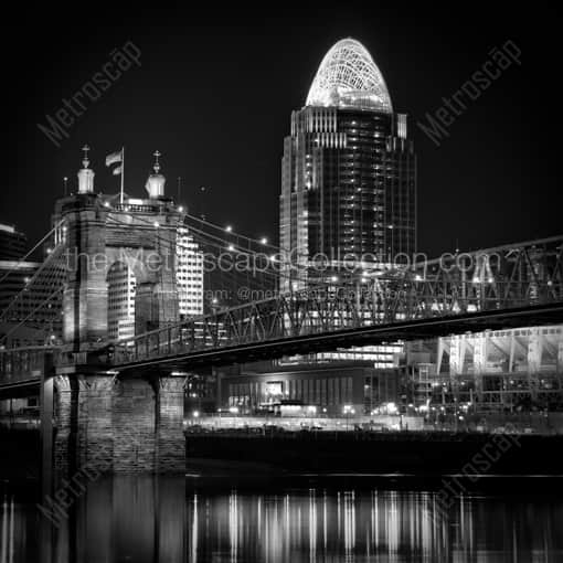 Matte Black WOOD Framed Black and White Cincinnati Photograph: The Roebling Bridge and New Queen City Tower in a Square Matte Black Wood Frame