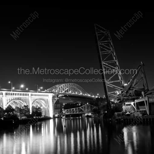 Cleveland Framed Photos of The Bascule Bridge on the South Bank of the Cuyahoga River The Bascule Bridge on the South Bank of the Cuyahoga River -- Cleveland Black and White Framed Photos