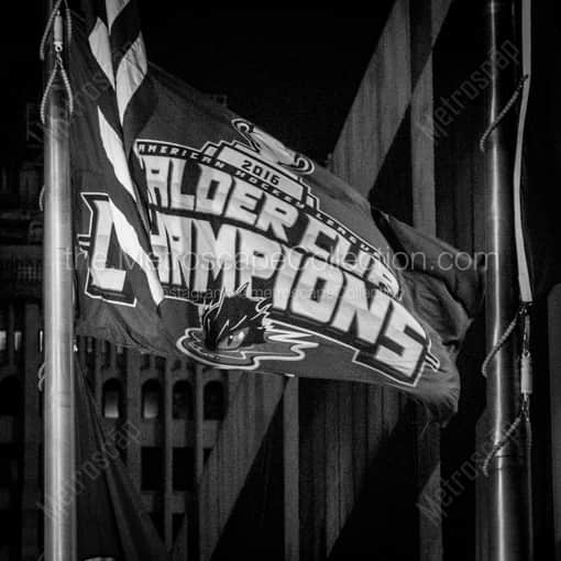 Cleveland Framed Photos of The Cleveland Monsters Calder Cup Champions Flag outside the Q The Cleveland Monsters Calder Cup Champions Flag outside the Q -- Cleveland Black and White Framed Photos
