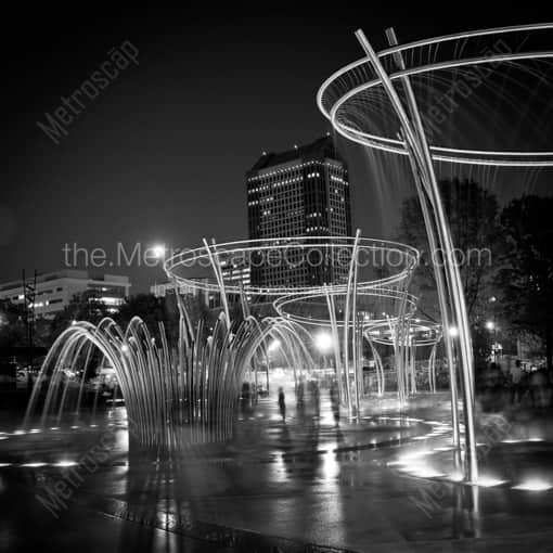Matte Black WOOD Framed Black and White Columbus Photograph: The New Scioto Mile Fountains in a Square Matte Black Wood Frame