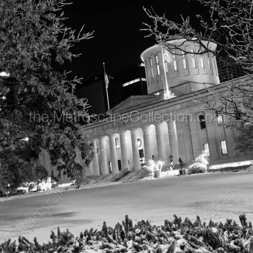 Matte Black WOOD Framed Black and White Columbus Photograph: A Snowy Ohio Statehouse Lawn in a Square Matte Black Wood Frame