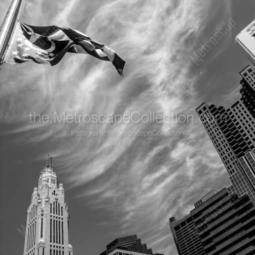 Matte Black WOOD Framed Black and White Columbus Photograph: The Ohio Flag Waves Above the Columbus Skyline in a Square Matte Black Wood Frame