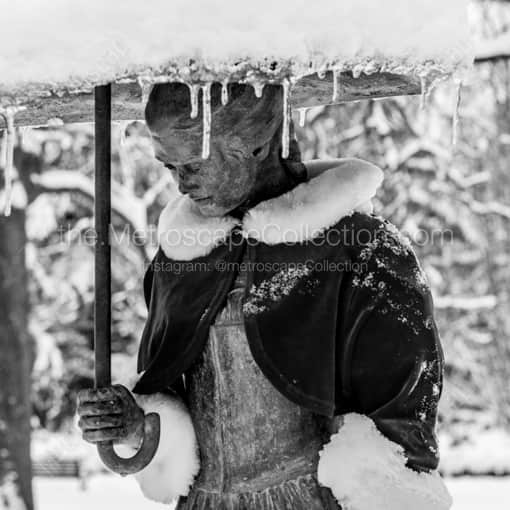 Matte Black WOOD Framed Black and White Columbus Photograph: The Christmas Shawl on the Umbrella Girl Fountain in a Square Matte Black Wood Frame