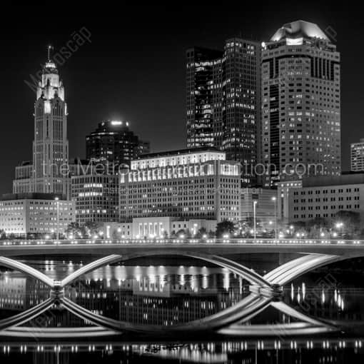 Matte Black WOOD Framed Black and White Columbus Photograph: The Columbus Skyline and Rich Street Bridge in a Square Matte Black Wood Frame