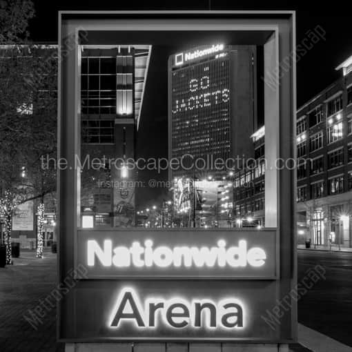 Columbus Framed Photos of Go Jackets in the Nationwide Building through the Nationwide Arena Sign Go Jackets in the Nationwide Building through the Nationwide Arena Sign -- Columbus Black and White Framed Photos