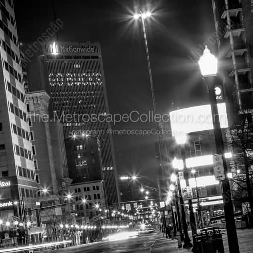 Columbus Framed Photos of North High Street and Go Bucks in the Nationwide Building North High Street and Go Bucks in the Nationwide Building -- Columbus Black and White Framed Photos