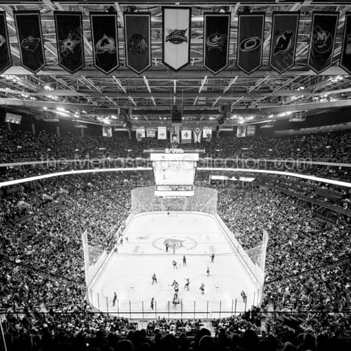 Matte Black WOOD Framed Black and White Columbus Photograph: Team Banners above the Ice in Nationwide Arena in a Square Matte Black Wood Frame