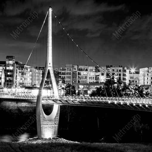 Matte Black WOOD Framed Black and White Columbus Photograph: Dublin Bridge Park at Night in a Square Matte Black Wood Frame