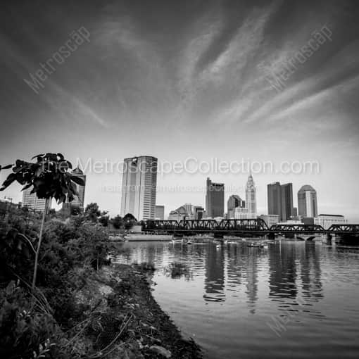 Matte Black WOOD Framed Black and White Columbus Photograph: The Columbus Skyline in the Day Time in a Square Matte Black Wood Frame