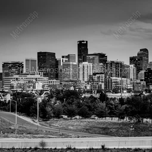 The Denver Skyline and I-25 at Dusk -- Denver Black and White Framed Photos