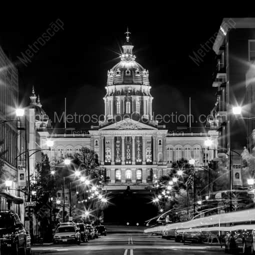 The Iowa Capitol Building at Night -- Des Moines Black and White Framed Photos