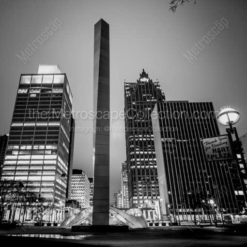 Detroit Framed Photos of The Stainless Steel Pylon in Hart Plaza and Downtown Detroit Skyline The Stainless Steel Pylon in Hart Plaza and Downtown Detroit Skyline -- Detroit Black and White Framed Photos