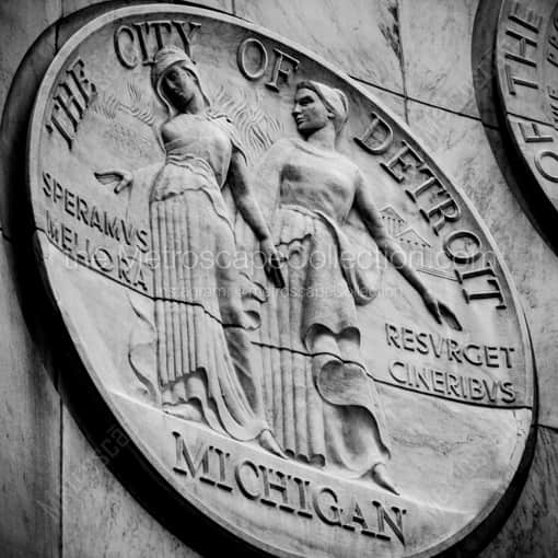 Detroit Framed Photos of The Seal of the City of Detroit on the Spirit of Detroit Sculpture The Seal of the City of Detroit on the Spirit of Detroit Sculpture -- Detroit Black and White Framed Photos
