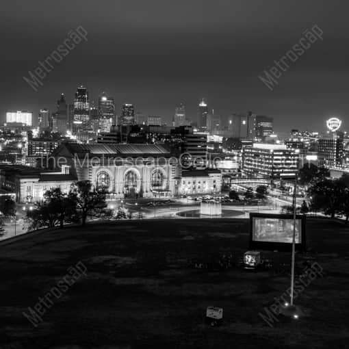 Matte Black WOOD Framed Black and White Kansas City Photograph: The KC Skyline at Night from WWI Monument in a Square Matte Black Wood Frame