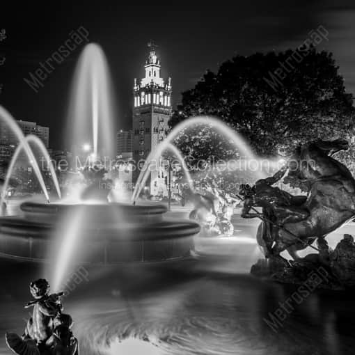 Matte Black WOOD Framed Black and White Kansas City Photograph: The JC Nichols Fountain at Night in a Square Matte Black Wood Frame