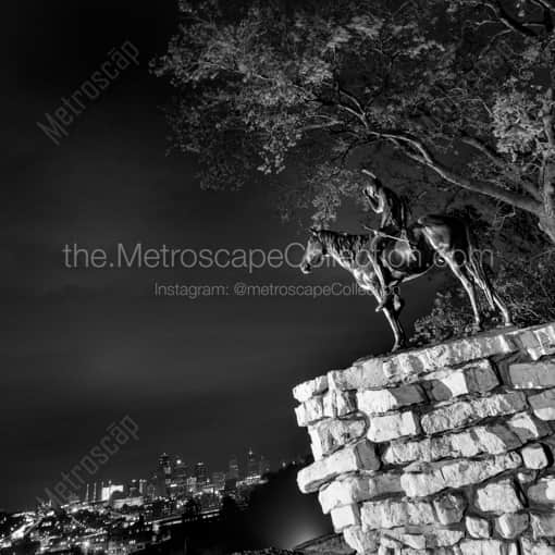 Matte Black WOOD Framed Black and White Kansas City Photograph: The Sioux Scout Statue Overlooking Kansas City in a Square Matte Black Wood Frame