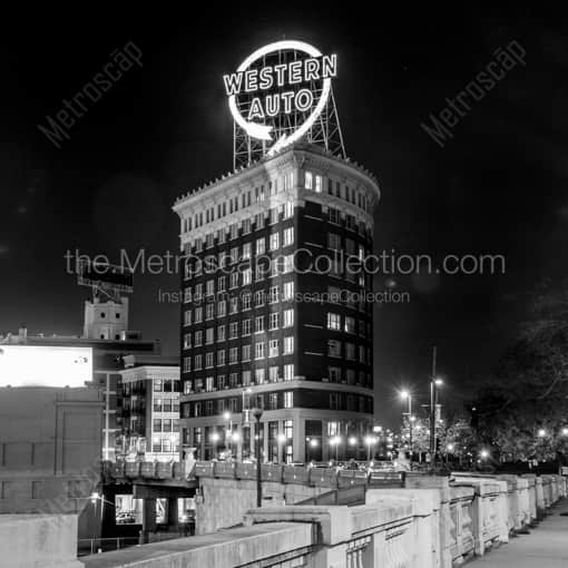 Matte Black WOOD Framed Black and White Kansas City Photograph: The Western Auto Sign and Building in a Square Matte Black Wood Frame