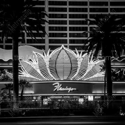 The Main Entrance to the Flamingo Hotel and Casino Flanked by Palm Trees -- Las Vegas Black and White Framed Photos