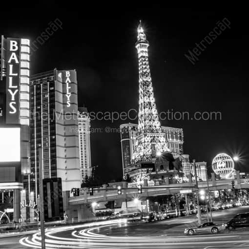 Paris Hotel and Casino and Ballys Casino from Flamingo Road -- Las Vegas Black and White Framed Photos