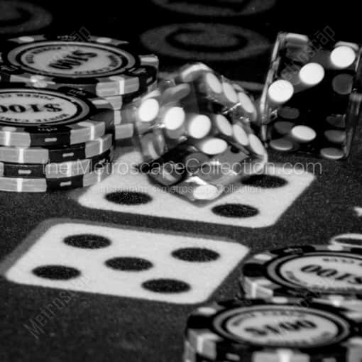 A Craps Table with Rolling Dice -- Las Vegas Black and White Framed Photos