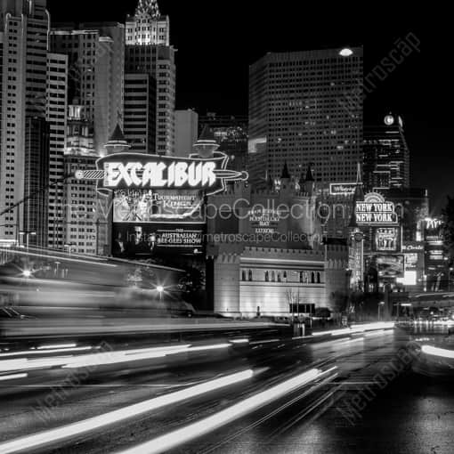 Looking North up the Las Vegas Strip at Excalibur -- Las Vegas Black and White Framed Photos