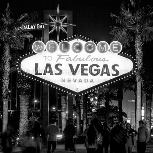 Tourists Gathered around the Fabulous Las Vegas Sign -- Las Vegas Black and White Framed Photos