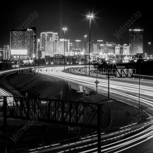The Las Vegas Skyline over Interstate 15 at Night -- Las Vegas Black and White Framed Photos