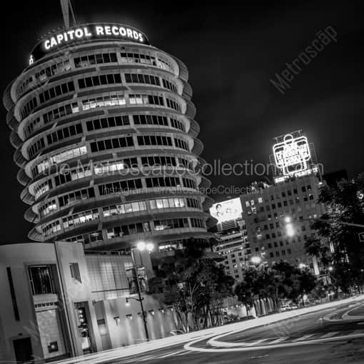 Matte Black WOOD Framed Black and White Los Angeles Photograph: The Capitol Records Building at Night in a Square Matte Black Wood Frame
