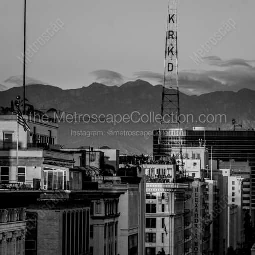 Los Angeles Framed Photos of The San Gabriel Mountains Behind the KRKD Tower in Downtown Los Angeles The San Gabriel Mountains Behind the KRKD Tower in Downtown Los Angeles -- Los Angeles Black and White Framed Photos