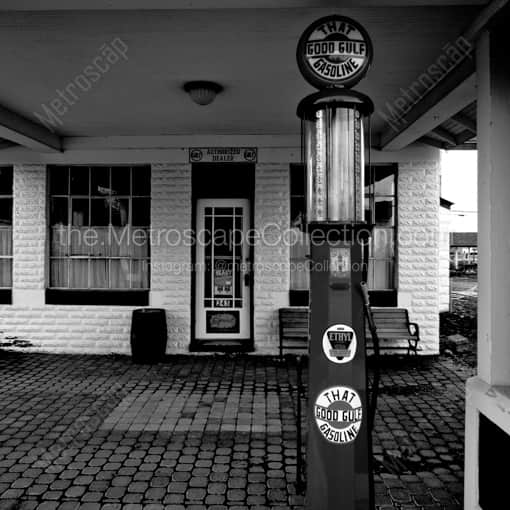 Matte Black WOOD Framed Black and White Marysville Photograph: An Old Gulf Gasoline Pump in a Square Matte Black Wood Frame