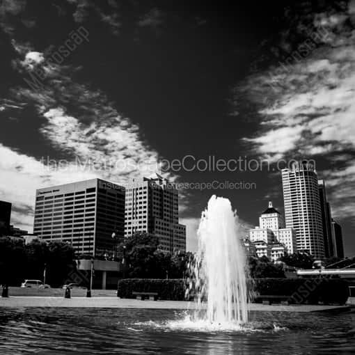Cudahy Gardens Fountain with the Milwaukee Skyline -- Milwaukee Black and White Framed Photos