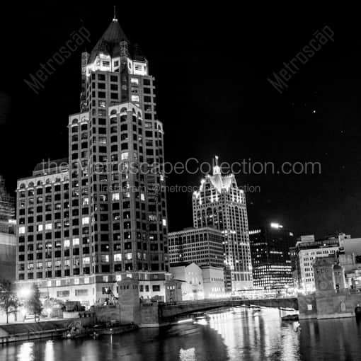 The Milwaukee Riverwalk from Juneau Ave -- Milwaukee Black and White Framed Photos