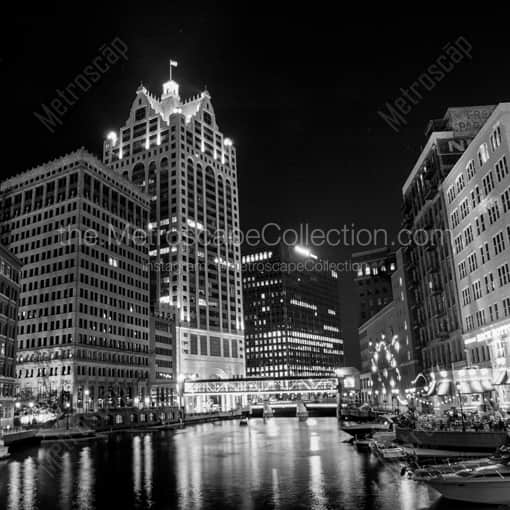 Milwaukee Framed Photos of The Milwaukee Riverwalk featuring the 100 E. Wisconsin Building The Milwaukee Riverwalk featuring the 100 E. Wisconsin Building -- Milwaukee Black and White Framed Photos