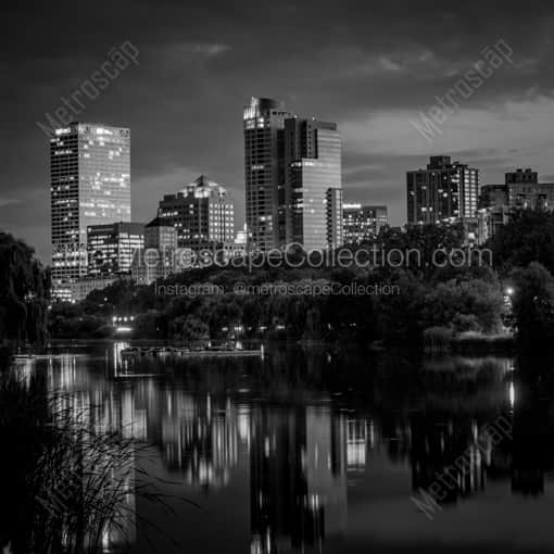 The Milwaukee Skyline reflecting off of Veterans Pond -- Milwaukee Black and White Framed Photos