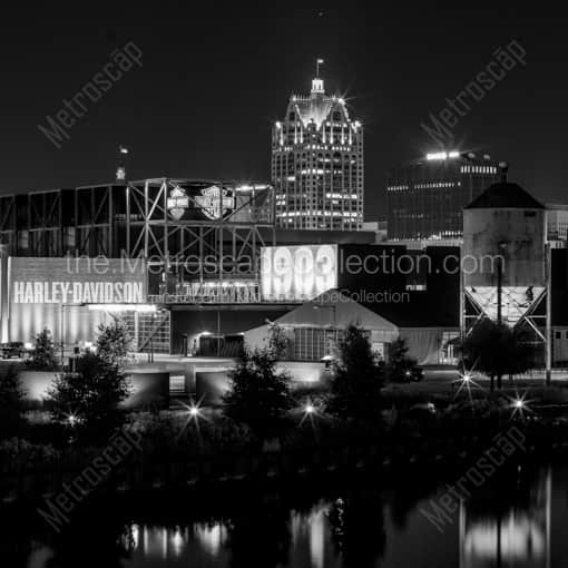 The Harley-Davidson Museum and Milwaukee Skyline -- Milwaukee Black and White Framed Photos