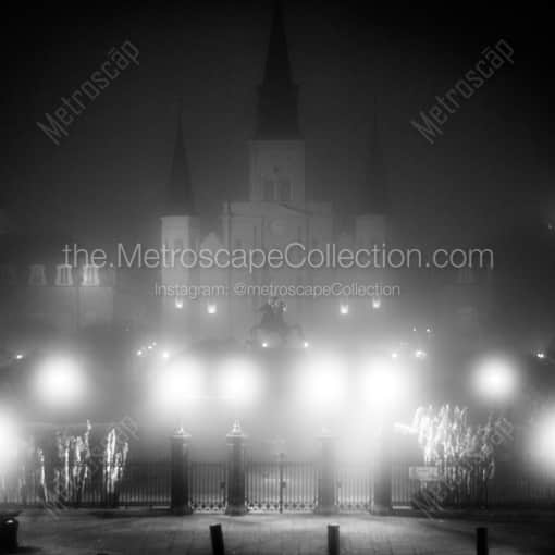 A Foggy Jackson Square at Night -- New Orleans Black and White Framed Photos