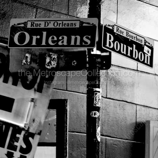 Bourbon Street and Orleans Street Signs -- New Orleans Black and White Framed Photos