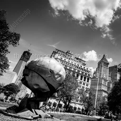 Matte Black WOOD Framed Black and White New York City Photograph: The Original World Trade Center Sphere Sculpture in a Square Matte Black Wood Frame