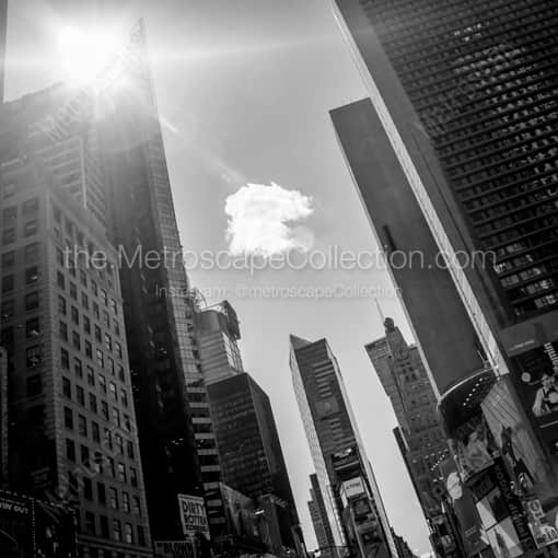 Matte Black WOOD Framed Black and White New York City Photograph: A Single Cloud Floats Above Times Square in a Square Matte Black Wood Frame