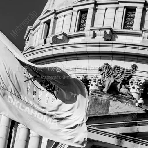 Oklahoma City Framed Photos of The Oklahoma Flag and Griffin atop the Capitol Building The Oklahoma Flag and Griffin atop the Capitol Building -- Oklahoma City Black and White Framed Photos