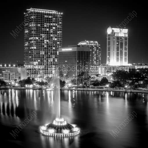 The Orlando Skyline and Lake Eola Fountain -- Orlando Black and White Framed Photos