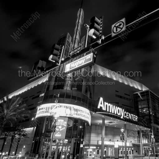 The Amway Center at Hughey and Church at Night -- Orlando Black and White Framed Photos