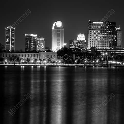 The Orlando Skyline from Lake Ivanhoe -- Orlando Black and White Framed Photos
