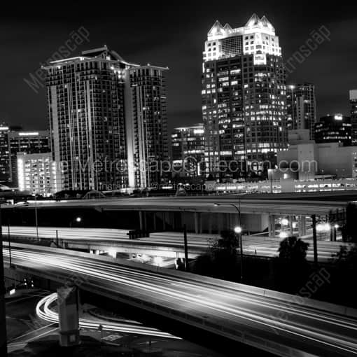 The Downtown Orlando Skyline over I-4 -- Orlando Black and White Framed Photos